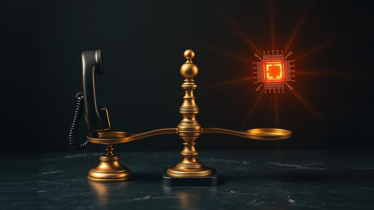 Balance comparant téléphone classique et puce IA