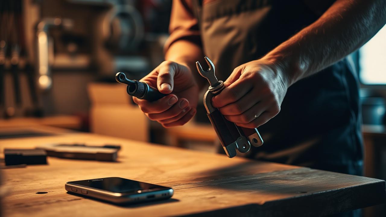 Artisan dans son atelier avec un smartphone à proximité