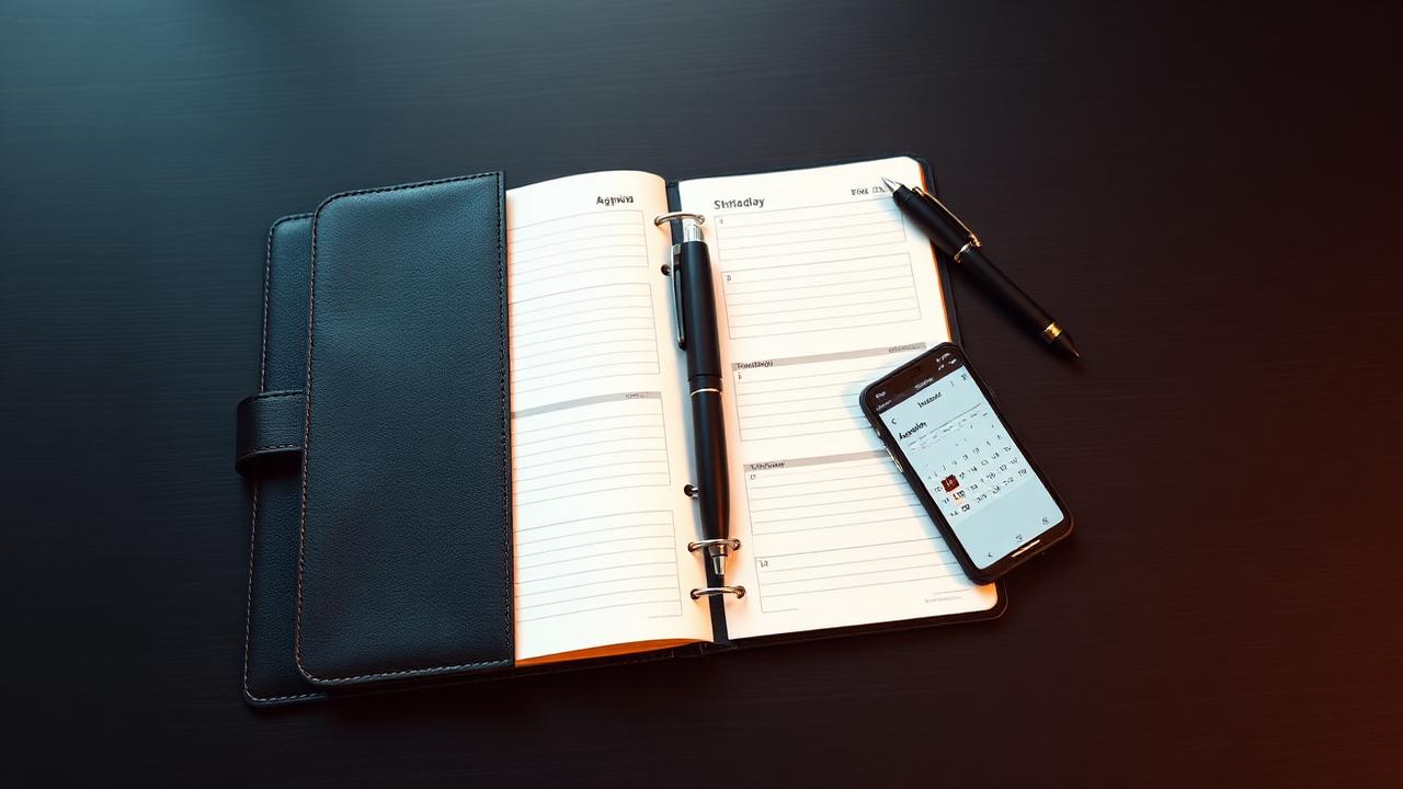 Agenda en cuir et smartphone affichant un calendrier